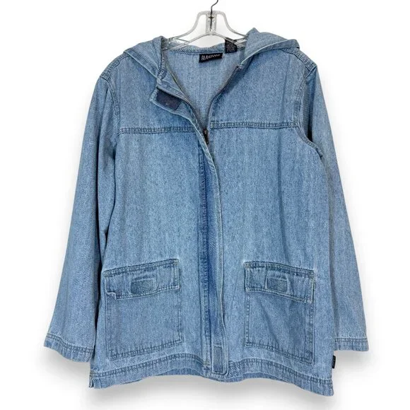 Vintage Blassport Denim Chore Barn Jacket Blue Hooded Retro Zip Medium - Picture 2 of 7